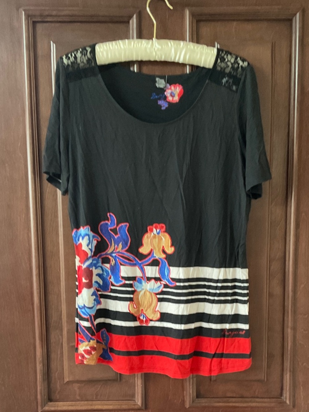 Desigual Black Short Sleeve Top with Red, Blue & Yellow Floral Accents